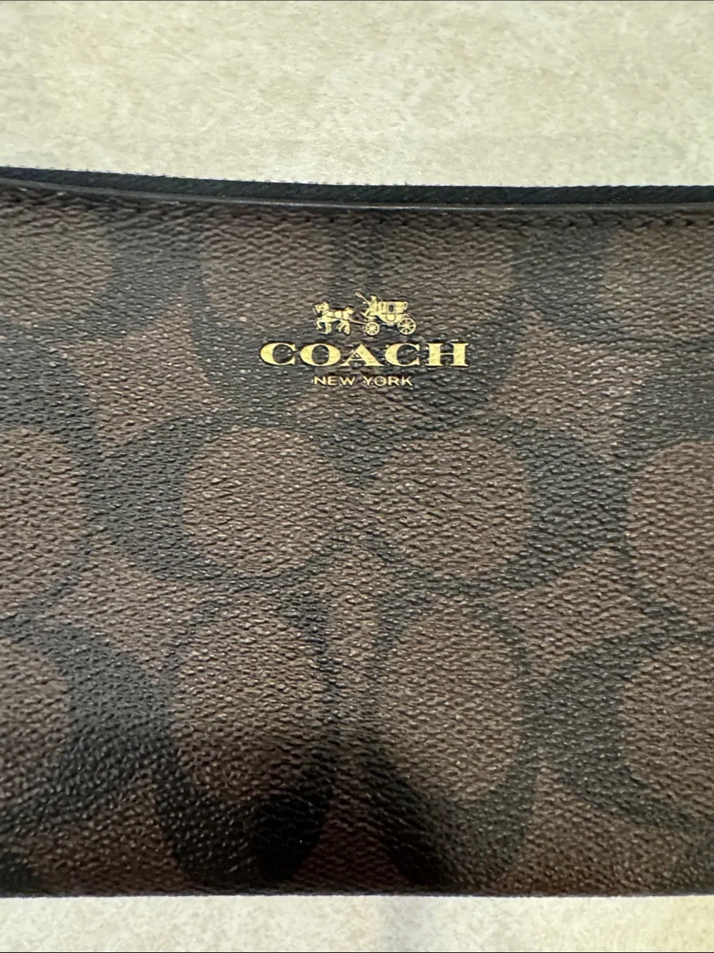 Coach Dark Brown Signature Double Zip Wristlet with Gold Hardware